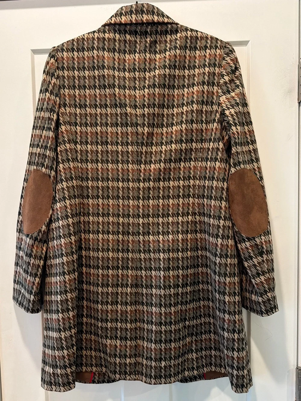 Tommy Hilfiger Houndstooth Longline Blazer Jacket Brown Faux Suede Elbow Size 10